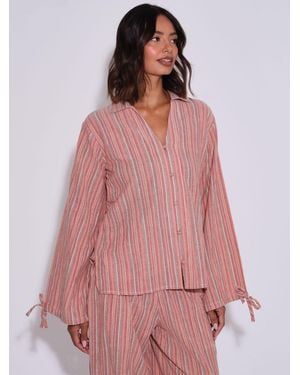 South Beach Metallic Striped Balloon Sleeve Beach Shirt - Pink