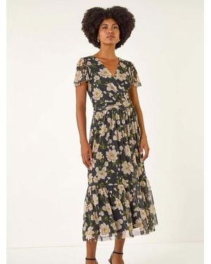 Roman Floral Print Mesh Maxi Dress - White