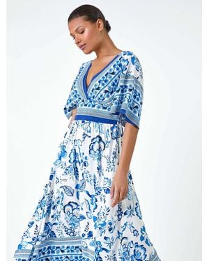 Roman Floral Border Print Pocket Midi Dress - Blue