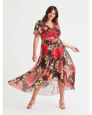 Scarlett & Jo Batique Print Tilly Angel Sleeve Sweetheart Dress - Red