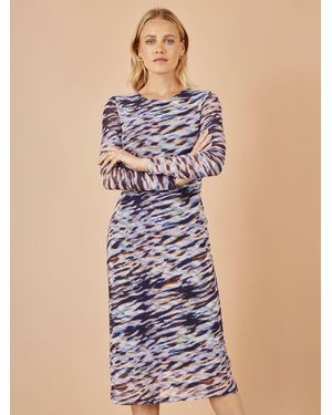 Yumi' Abstract Stripe Ruched Bodycon Midi Dress - Blue