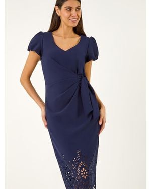 Roman Laser Cut Hem Tie Waist Dress - Blue