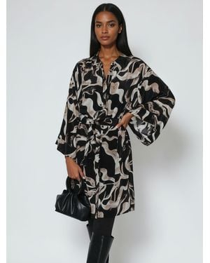 Religion Glory Tunic Shirt Dress With Tie Belt And Kimono Sleeves - Black