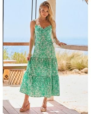 Sosandar Petite Paisley Print Linen Blend Split Hem Midaxi Dress - Green