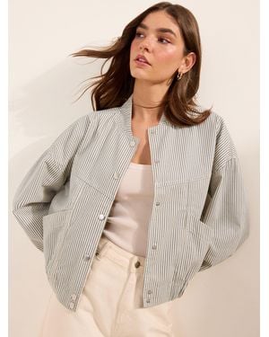 Friends Like These Short Collarless Zip Through Denim Jacket - Natural