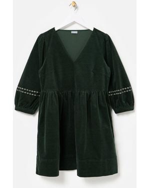 Oliver Bonas Corduroy Embroidered Sleeve V-Neck Mini Dress - Green
