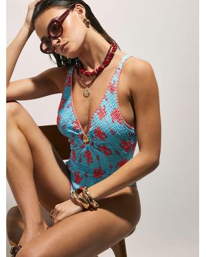 River Island Shirred Palm Print Swimsuit - Blue