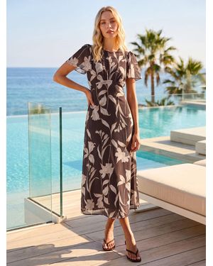 Roman Floral Print Flutter Sleeve Midi Dress - Blue