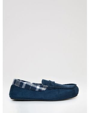 Threadbare Faux Suede Fabric Trim Moccasin Slippers - Blue