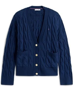 Tommy Hilfiger Cable V-Neck Oversized Soft Wool Cardigan - Blue