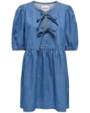 ONLY Denim Tie Front Puff Sleeve Dress - Blue