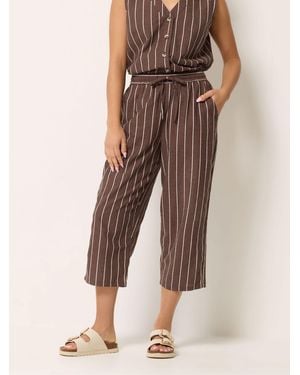 M Com Petite Stripe Linen Blend Tapered Cropped Trousers - Brown