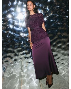 Friends Like These Aubergine Short Sleeve Lace Belted Satin Midi Dress - Red