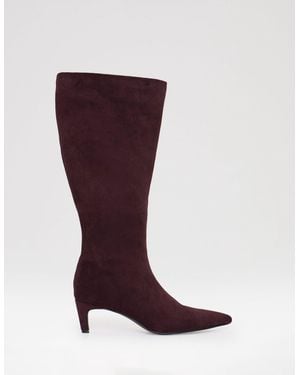 Threadbare Faux Suede Kitten Heel Knee High Boots - Red