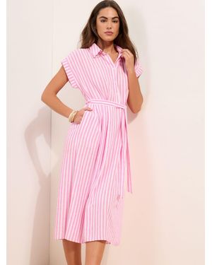 Friends Like These Button Down Tie Waist Collared Shirt Midi Dress - Pink