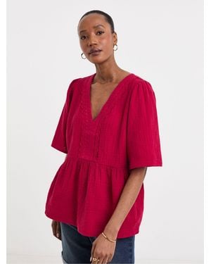 JD Williams Cheesecloth V-Neck Short Sleeve Smock Top - Red