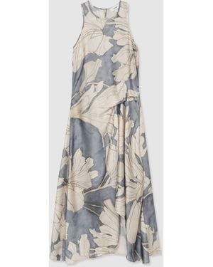 Reiss Mieke Satin Floral Drape Midi Dress - White