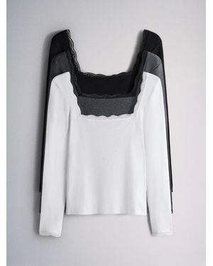 The Set 3 Pack Lace Square Neck Long Sleeve Semi Sheer Top//Ecru - Black
