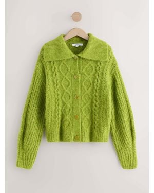 Next Wool Blend Cable Knit Collar Cardigan - Green