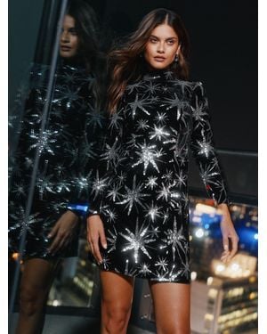 Lipsy Petite Sequin Star Velvet Long Sleeve Mini Dress - Black