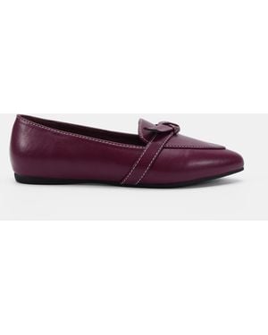 Novo Burgundy Flossy Bow Detail Slip On Flat Loafer Shoes - Purple