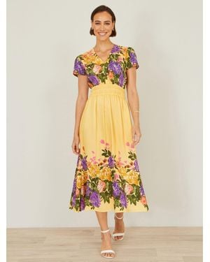 Yumi' Floral Mirror Print Viscose Midi Dress - Metallic