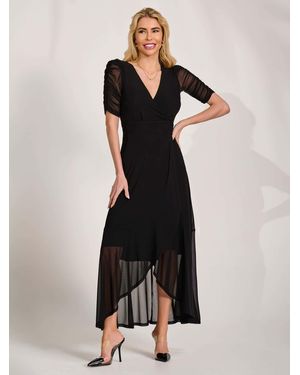 Jolie Moi Ruched Sleeve Mesh Maxi Dress - Black