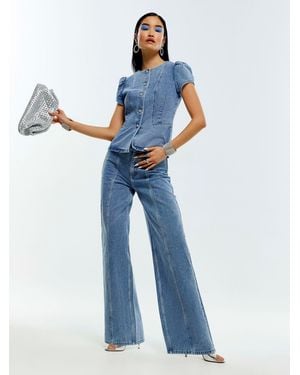 River Island River Island High Rise Embellished Button Wide Leg Jeans - Blue