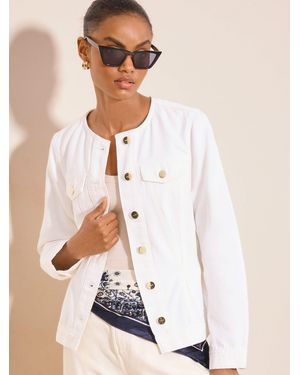 Lipsy Petite Collarless Cinched Waist Denim Jacket - Natural