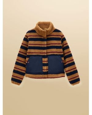 Joules Lottie Tan Stripe Zip Through Borg Fleece - Blue