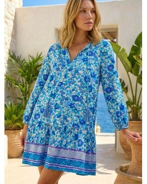 Roman Floral Print Border Smock Dress - Blue