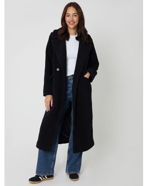 Threadbare Longline Double Breasted Borg Coat - Black