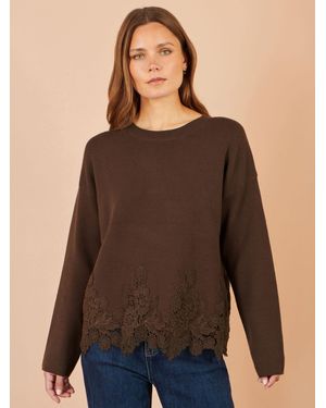 Yumi' Relaxed Sweater With Lace Trim - Brown
