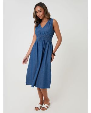 Threadbare Ruched Waist Denim Midi Dress - Blue