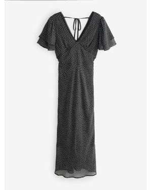Jolie Moi V-Neck Frill Sleeve Chiffon Midaxi Dress - Black
