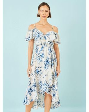 Yumi' Floral Print Bardot Midi Dress With Dip Hem - Blue