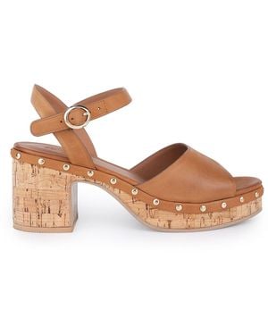 OFF THE HOOK Cleo Leather Studded Cork Platform Block Heel Sandals - Brown