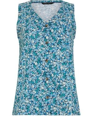 M Com Button Detail V-Neck Sleeveless Top - Blue