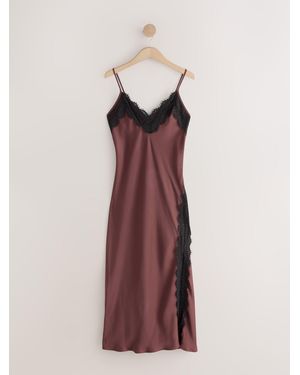 Next Strappy Satin Cami Midi Dress With Lace Trim - Purple