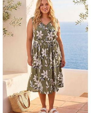 Roman Curve Floral Button Midi Dress - Green