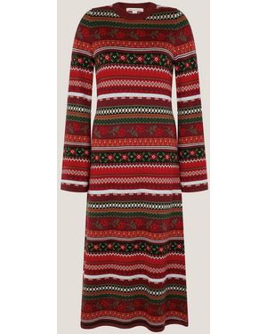 Monsoon Fara Floral Fairisle Pattern Midi Dress - Red