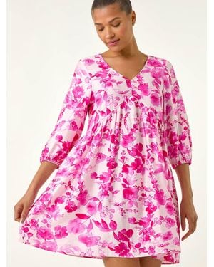 Roman Floral Print Smock Dress - Pink
