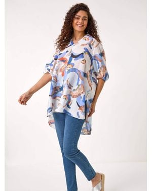 Roman Abstract Print Longline Overshirt - Blue