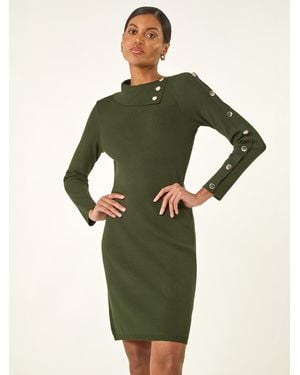 Roman Button Detail Roll Neck Sweater Dress - Green