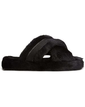 Tommy Hilfiger Faux Fur Crossover Strap Slippers - Black