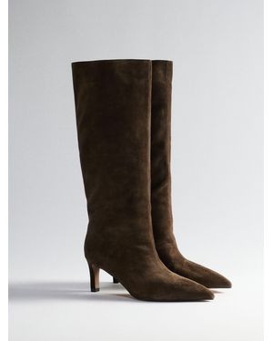 The Set Premium Back Pull On Knee High Boots Khaki Suede - Black
