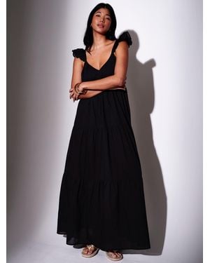 South Beach 100% Cotton Frill Sleeve Tiered Maxi Dress - Black