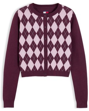 Tommy Hilfiger Argyle Crew Neck Cardigan - Purple