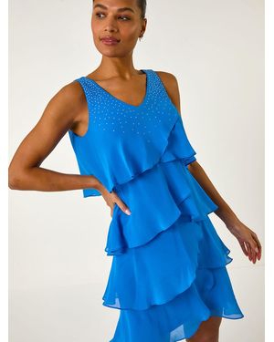 Roman Embellished Hotfix Tiered Chiffon Dress - Blue