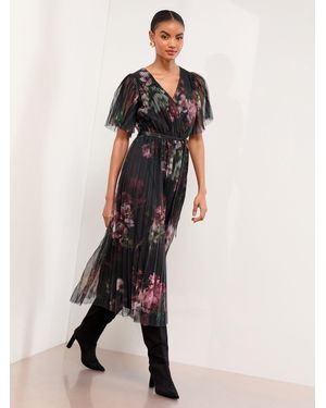 Lipsy Pleated Mesh Wrap Short Sleeve V-Neck Midi Dress - Natural